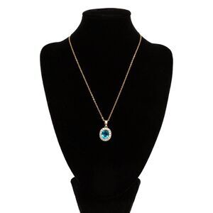 Costume Gold Tone Necklace Made with Swarovski Blue Pendant Halo CZ Accents